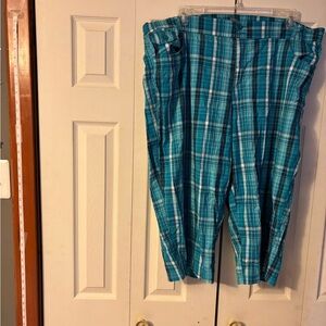 Teal Plaid Casual Capri Pants